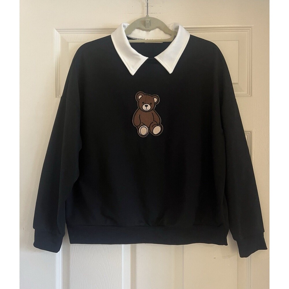 ROMWE Black Teddy Bear Patch Sweatshirt Contrast Collar 4 Preppy Coquette NWOT